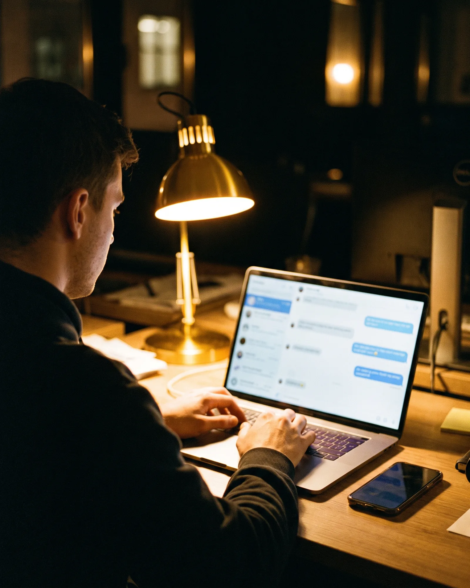 A Madox chatter typing a reply on a laptop at night
